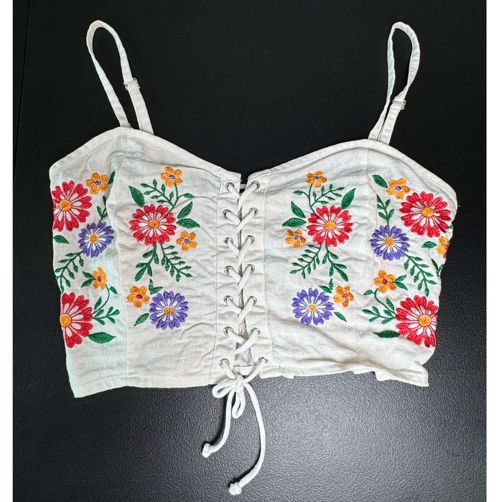 Love Tree Women White Linen Blend Floral Embroidered Lace Up Crop Cami Top Large